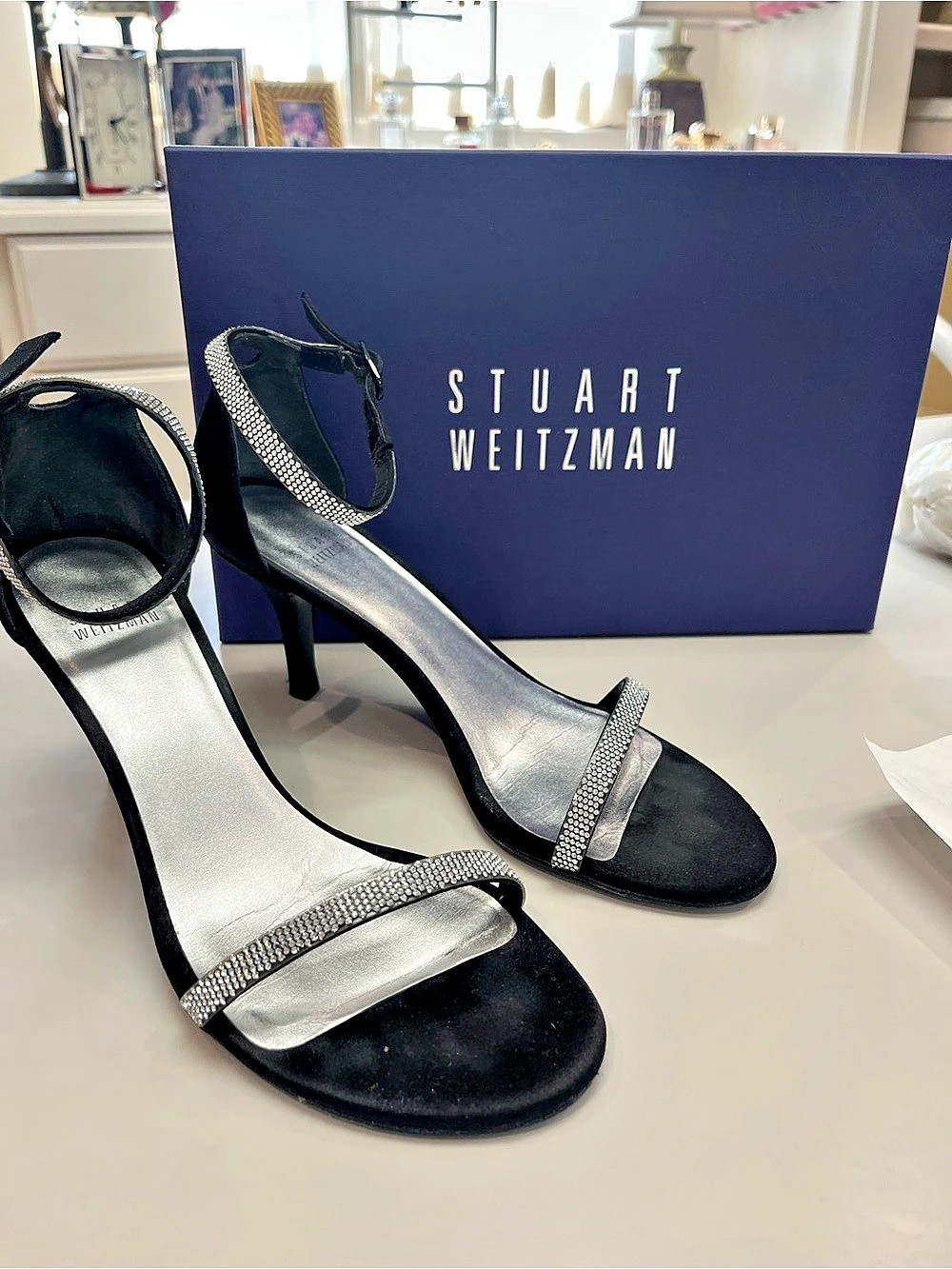 Stuart Weitzman “Strobe” Black Satin Crystal Strap Heels Black & Silver US 7.0